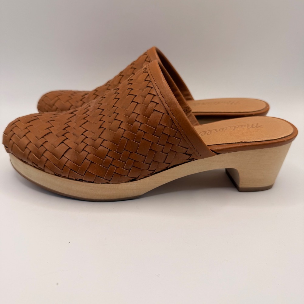 Madewell The Harper Mule in Woven Leather Tan Brown Wood Block Heel Womens 6.5